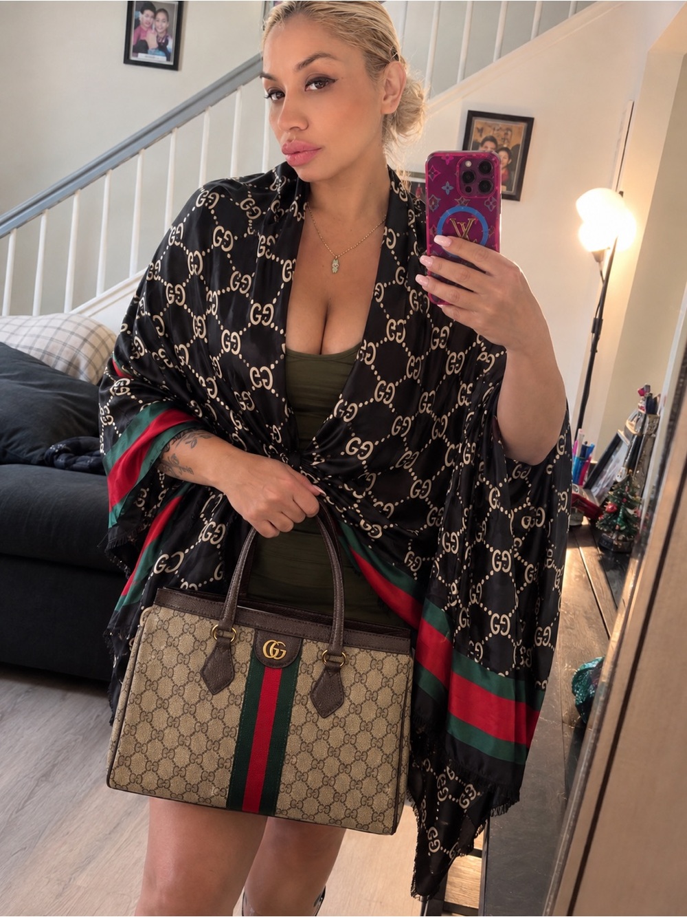 Bundle includes GG Silk Shawl with Green and Red Stripe Trim and Purse